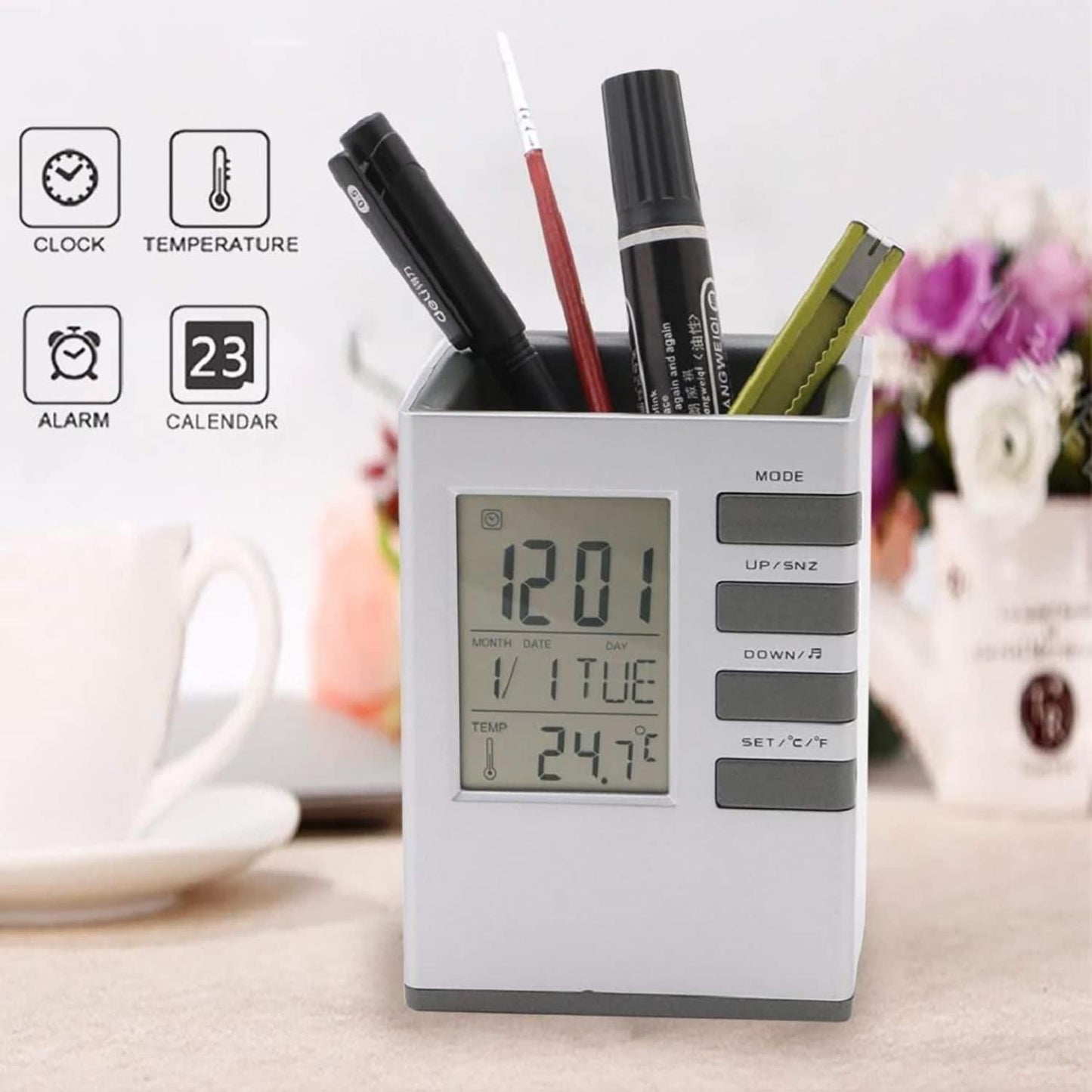 Pen Holder cum LCD Display Digital Alarm Clock