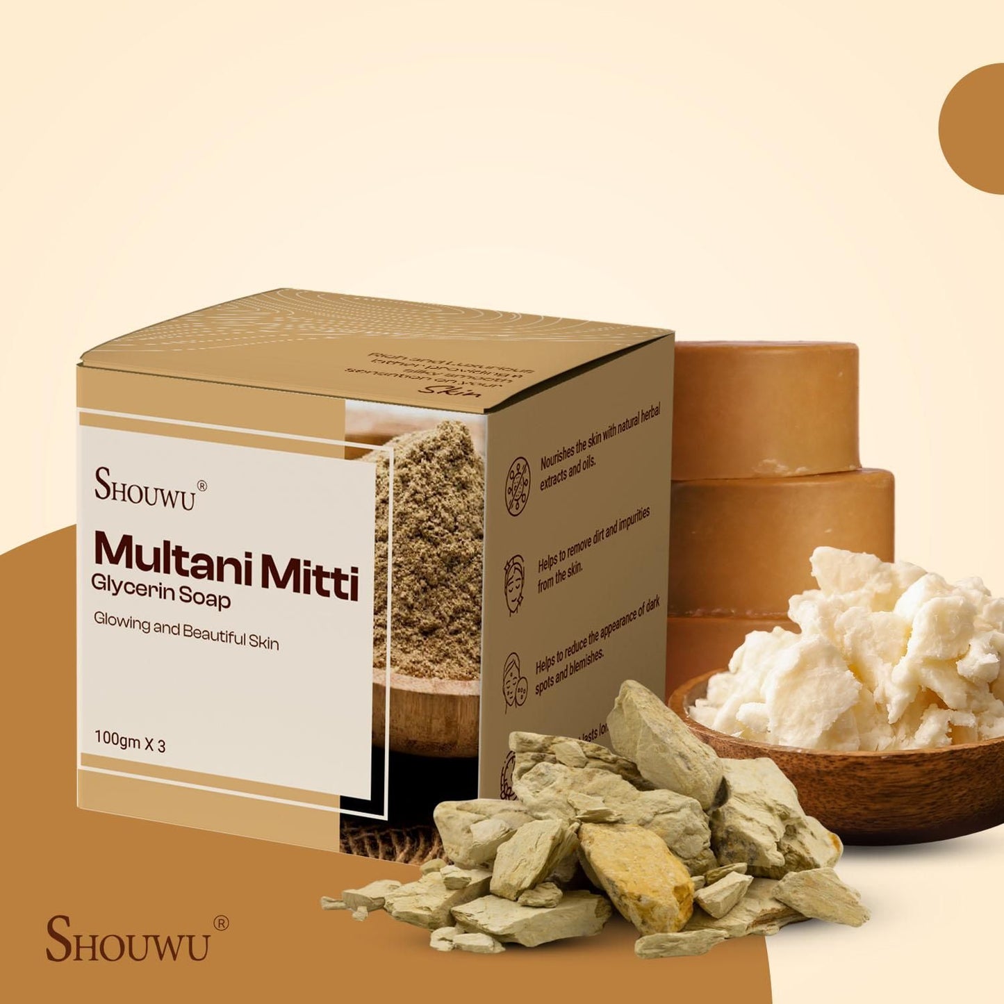 Shoumu Multani Mitti Glycerin Soap 100g each (Buy 2 Get 1 Free)